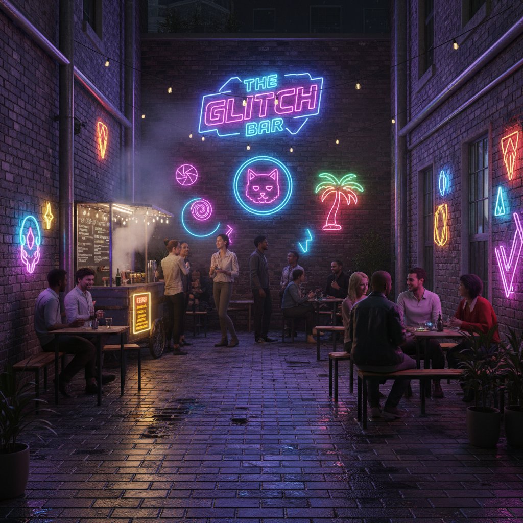 Ukryte miejsce z ludźmi rozmawiającymi w neonowym świetle, symbolizujące nieoczywiste platformy do rozmów