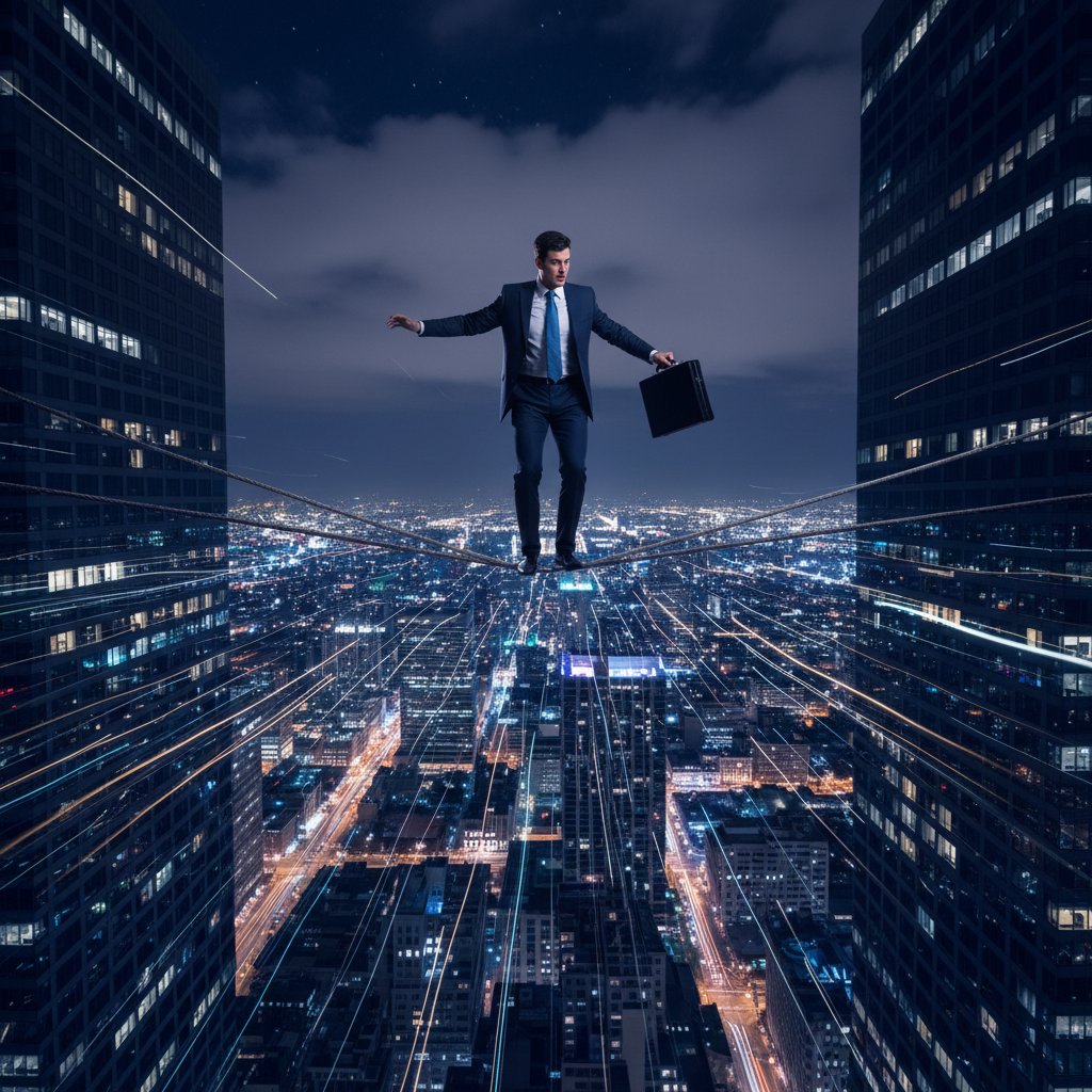 Biznesmen balansujący na linie, symbolizujący cienką granicę narcyzmu