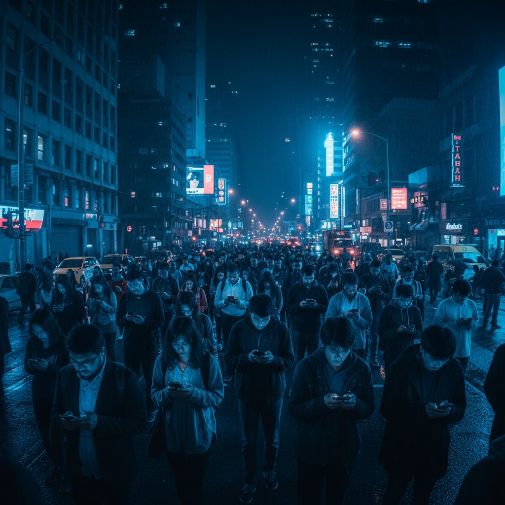 Menschen in der Großstadt, jeder für sich, in Smartphones vertieft, digitale Unterstützung bei psychischer Krise