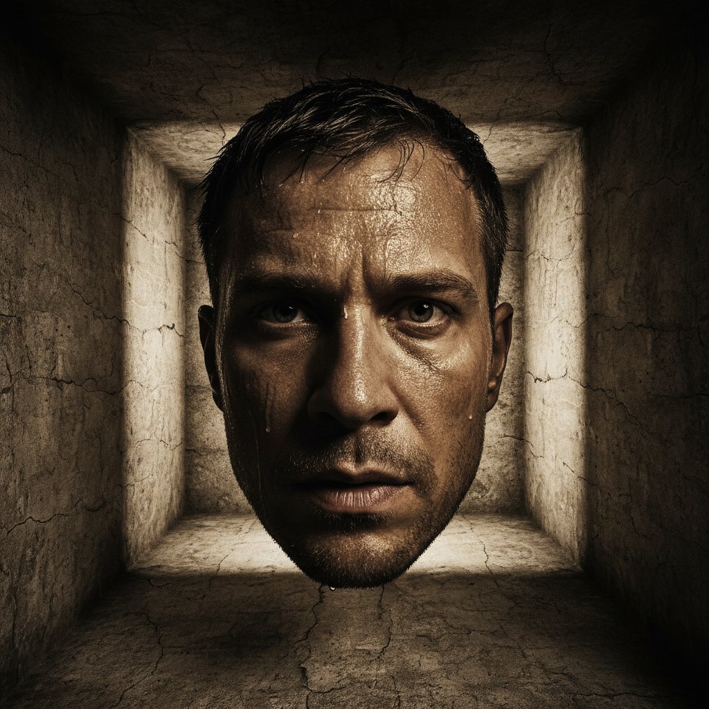 Close-up of anxious character in confined space