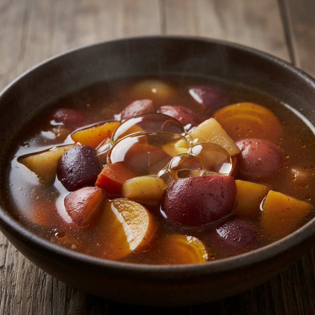 Zbliżenie na krople tłuszczu i warzywa korzeniowe unoszące się w klarownym bulionie