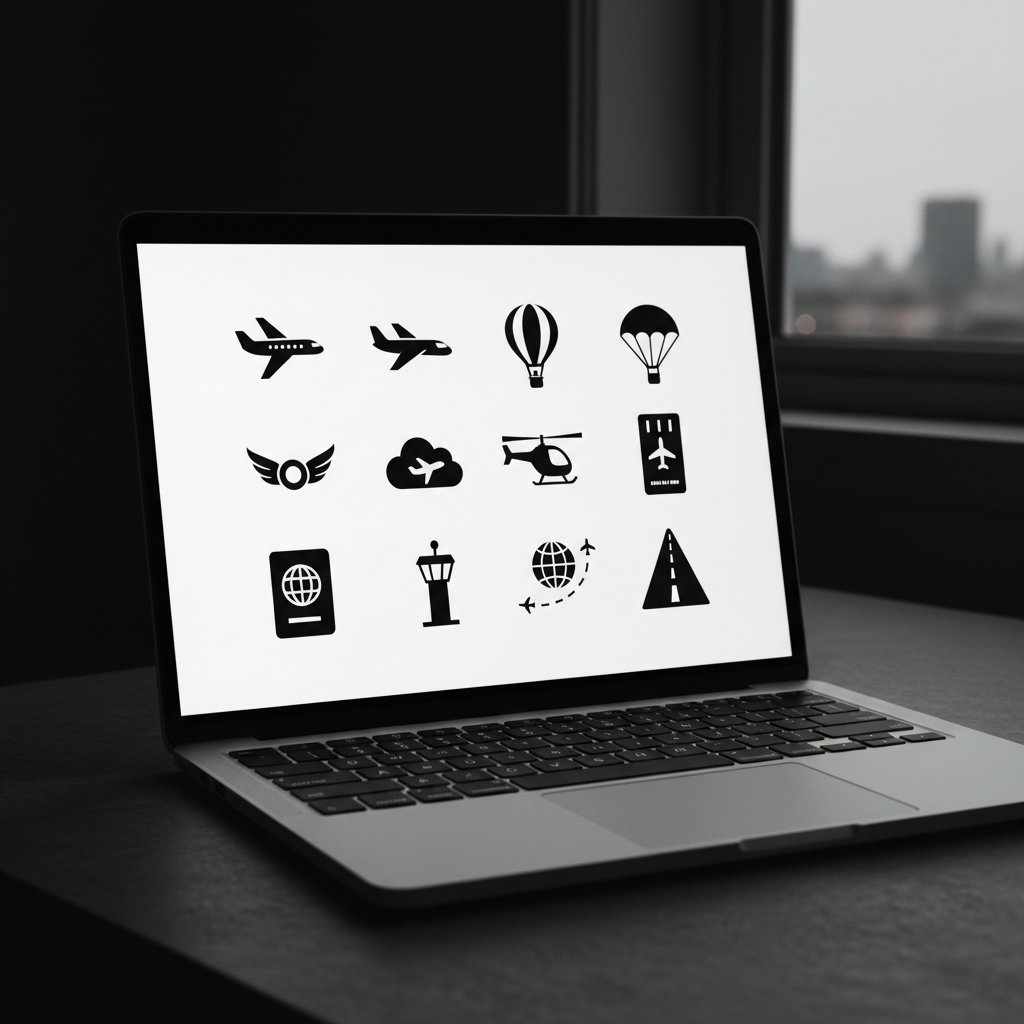 High-contrast summary graphic featuring MacBook and flight icons, with bold "mac flights" text for SEO