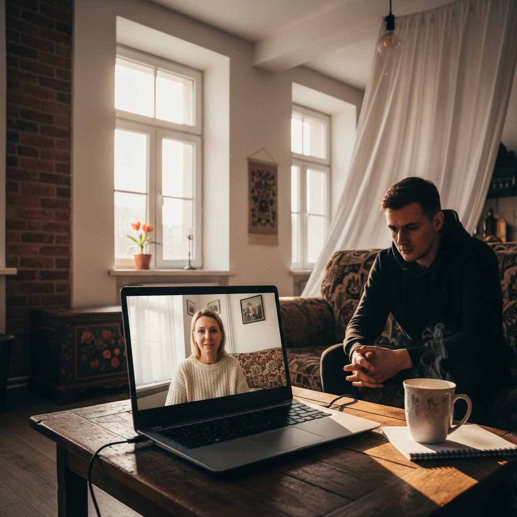Terapia online w polskim mieszkaniu, komputer i rozmowa o zaburzeniach osobowości