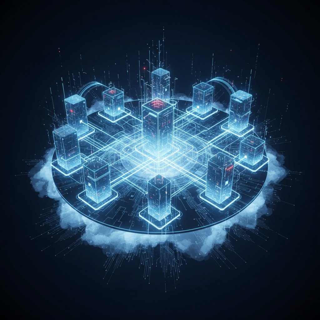 Schematyczny widok rozproszonych serwerów chmury obliczeniowej z połączeniami – obraz ilustrujący architekturę cloud computing online