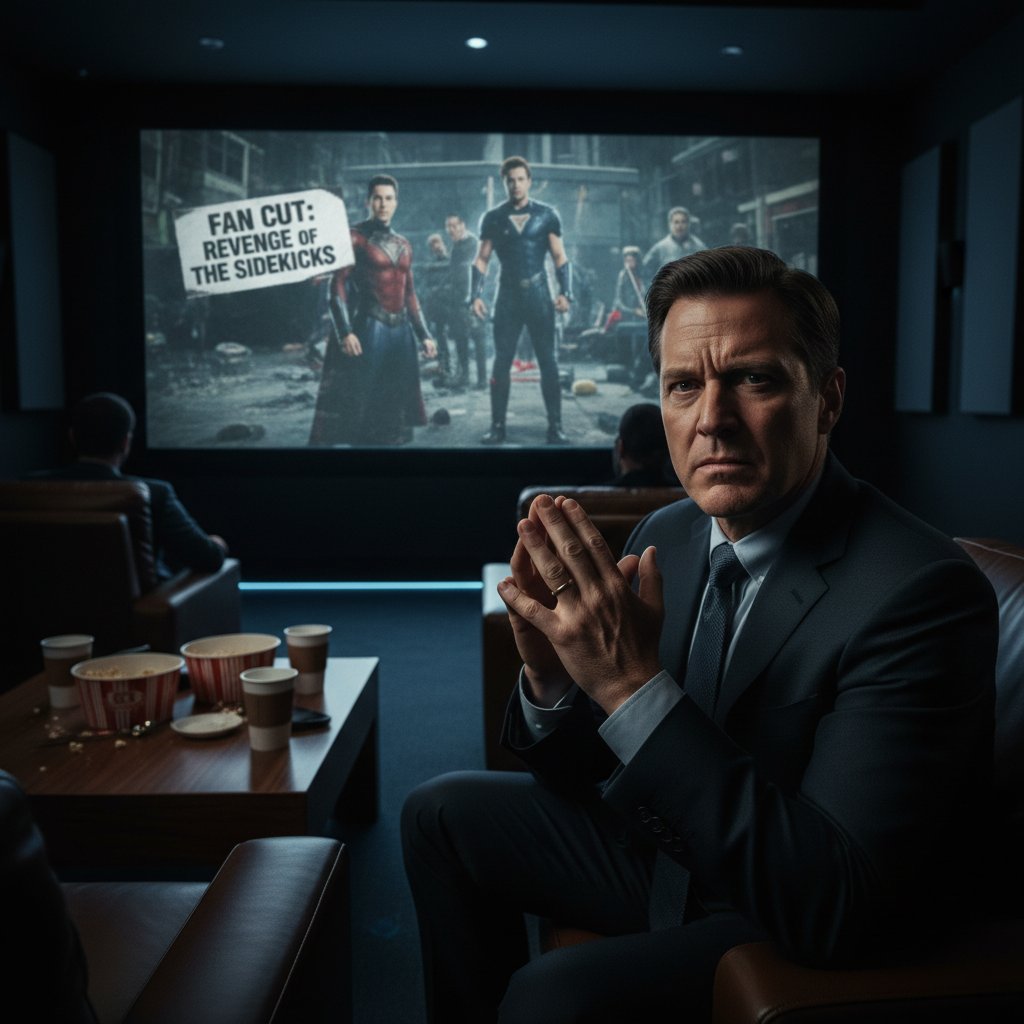 Studio executive viewing a fan-edited film in a screening room, tension evident as movie fan cuts challenge traditional Hollywood power