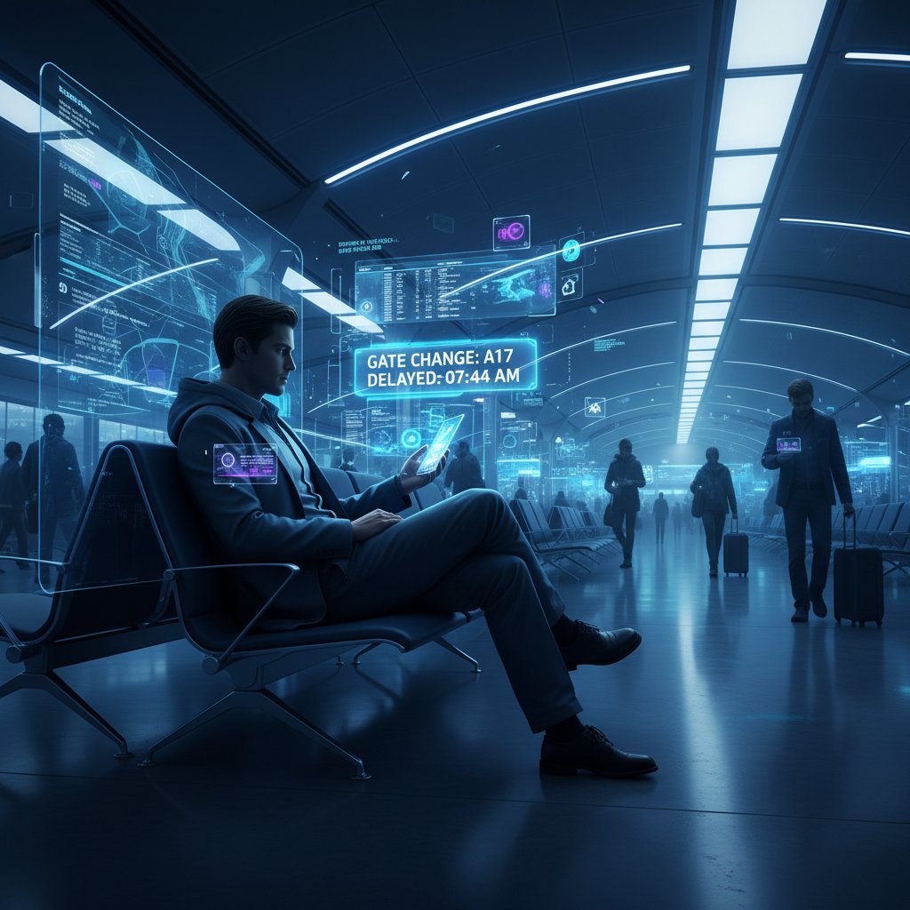 Podróżnik sprawdzający trendy lotnicze na smartfonie – mroczna, nowoczesna atmosfera, lounge lotniskowy