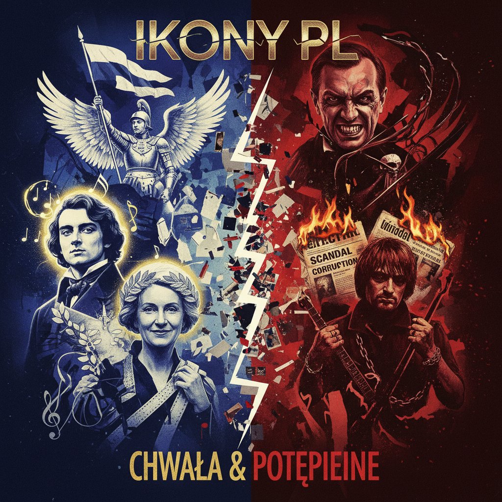 Efekt rogu w polskiej popkulturze – kolaż ikon popkultury gloryfikowanych i potępianych, dynamiczna kompozycja