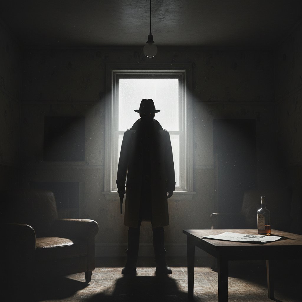 High-contrast lighting, dramatic shadows on protagonist’s face, crime movie suspense