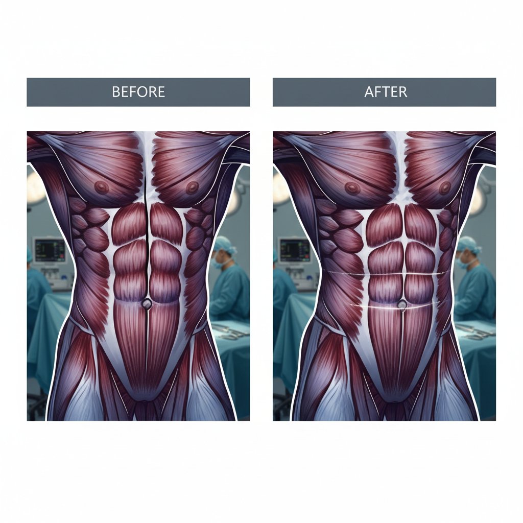 Schemat budowy mięśni brzucha przed i po abdominoplastyce, zdjęcie realistyczne w sali operacyjnej, światło studyjne, 16:9