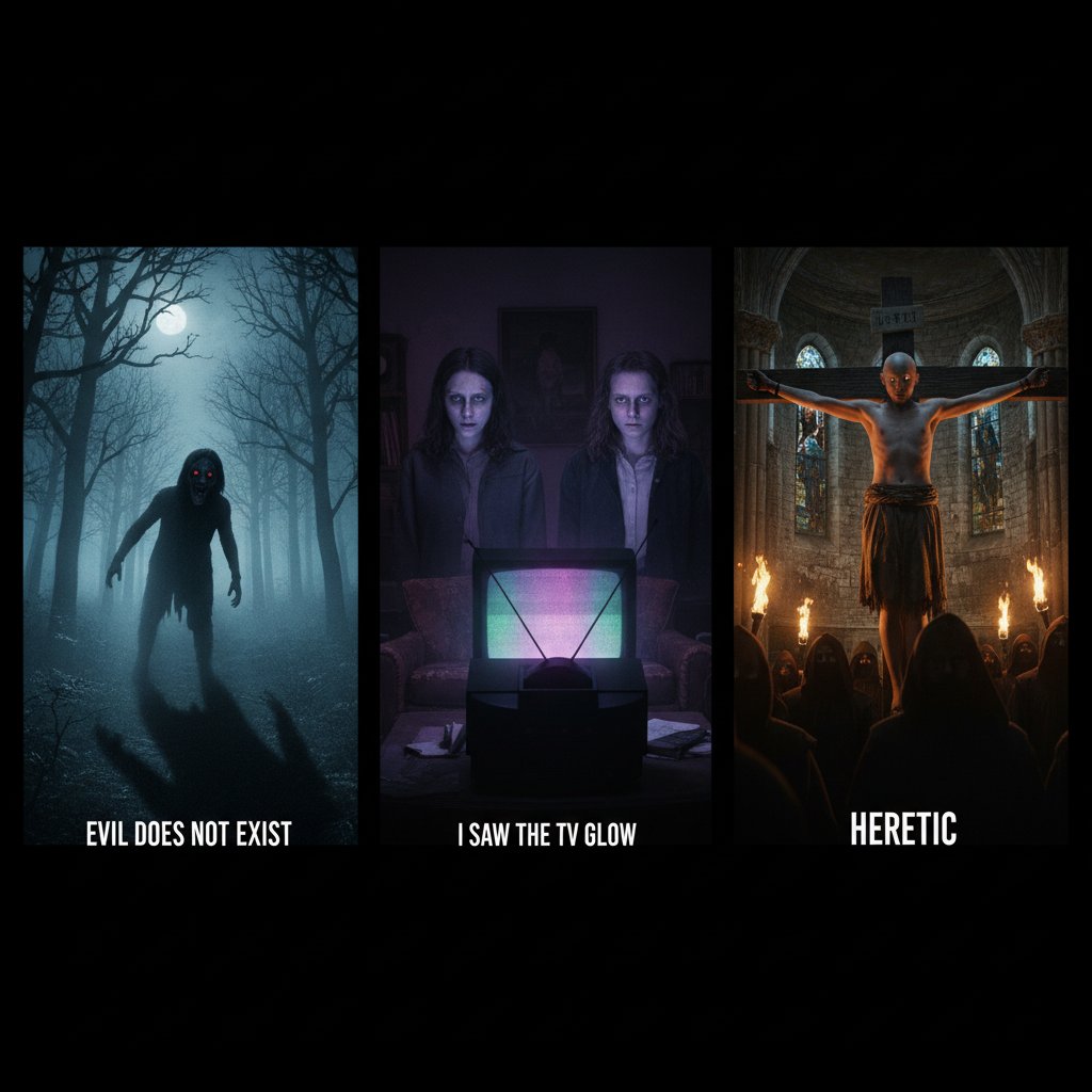 High-contrast movie stills from Evil Does Not Exist, I Saw the TV Glow, and Heretic, arranged side by side