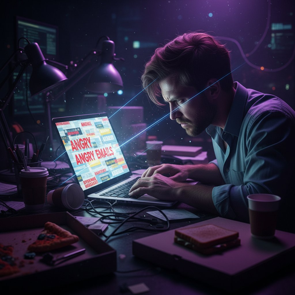 Granice skuteczności NVC w pracy – Pracownik biurowy sfrustrowany przy laptopie, nocny klimat, światło ekranu