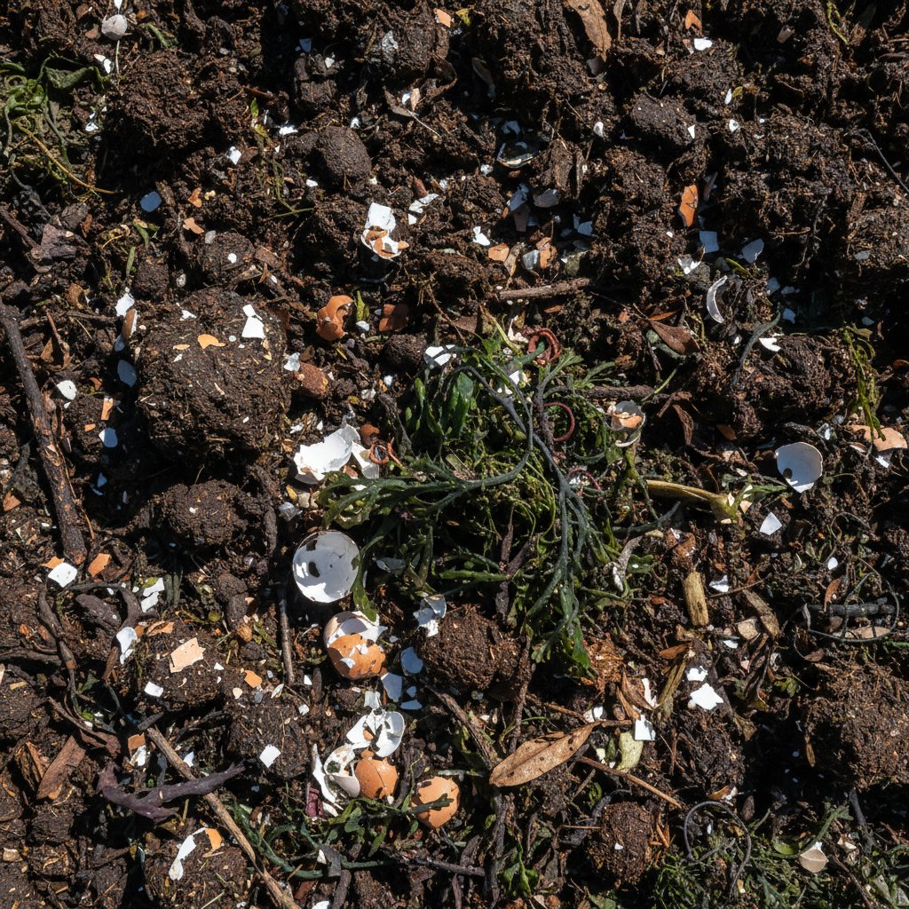 Kompost, skorupki jaj, obornik i wodorosty jako składniki nawozu ekologicznego.