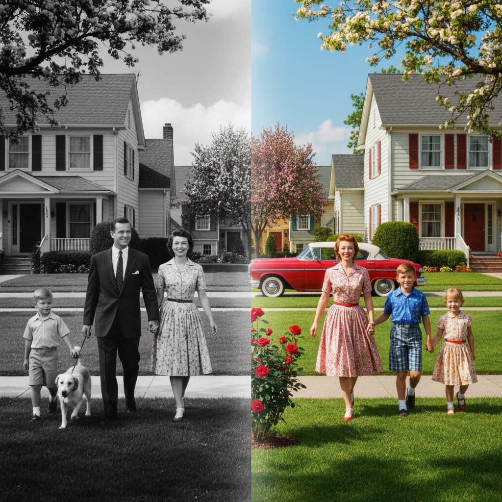 Iconic color scene from Pleasantville showing symbolic transformation