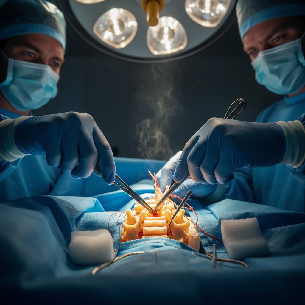 Ręce chirurga podczas laminektomii – zbliżenie na narzędzia i kręgosłup