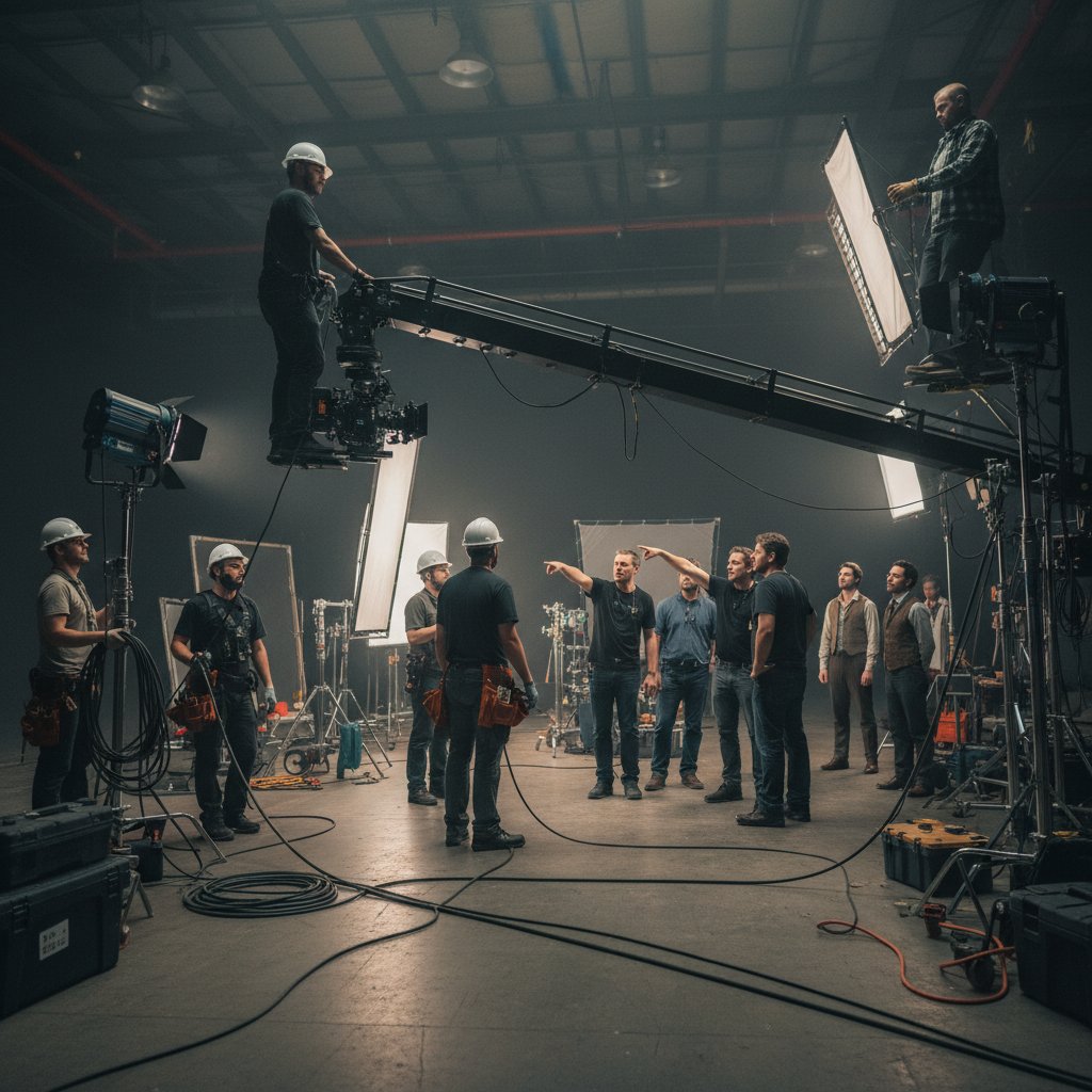Film crew working as a team to set up a complex shot, high energy, cinematic look, behind the scenes