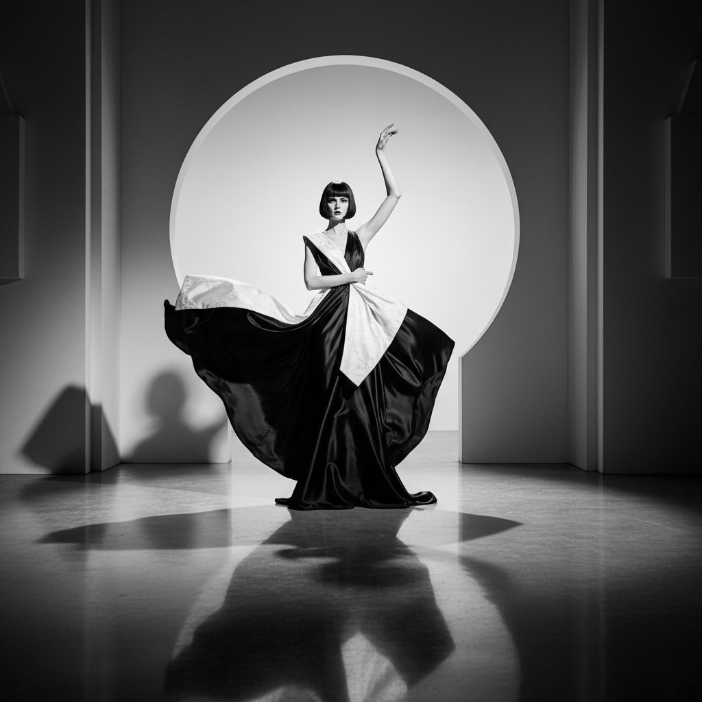 High-fashion model in dramatic minimalist set inspired by classic cinema, stark stylish pure cinema aesthetic