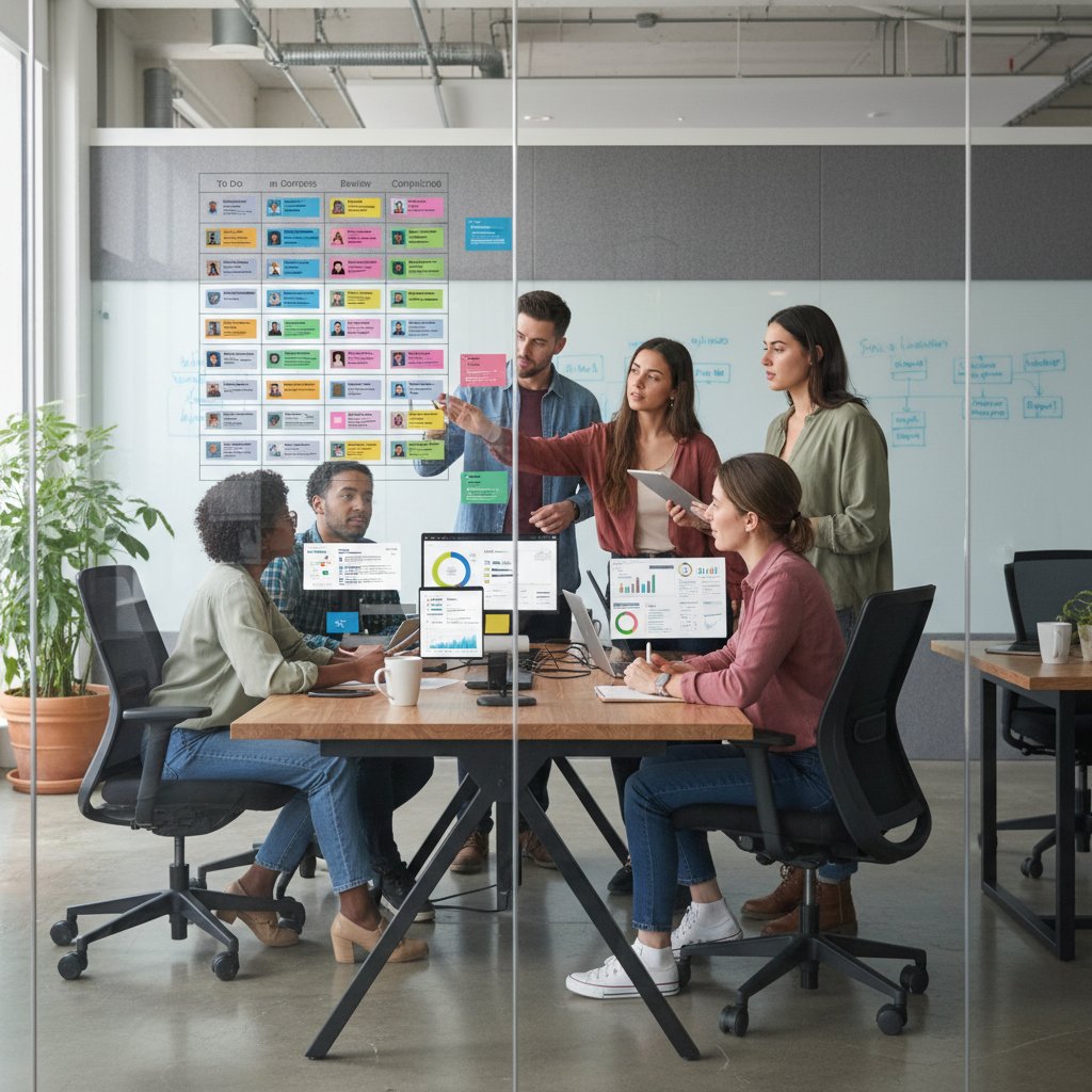 Photo of a diverse, high-performing team smiling around a modern workspace with visible AI tools and organized digital task boards