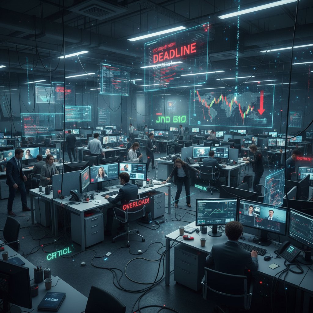 Presja związana z szybkim wyszukiwaniem danych w pracy, stresująca scena biurowa z laptopami i zegarem