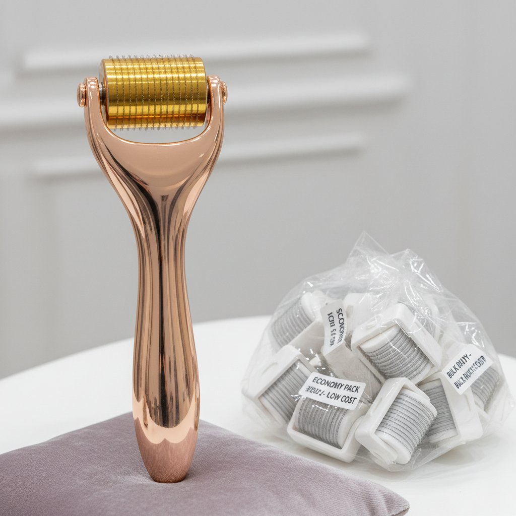 Zbliżenie na igły dermarollera wysokiej i niskiej jakości na tle kontrastowym