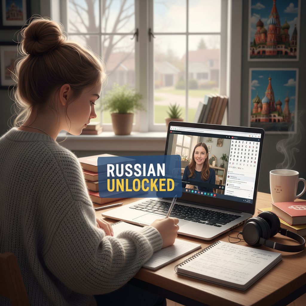 Licealistka uśmiechnięta przy laptopie podczas lekcji rosyjskiego online, domowe biurko