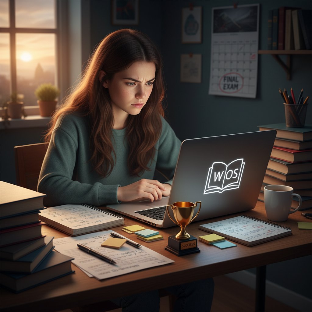 Maturzystka przygotowująca się do matury z WOS, laptop, notatki, skupienie, sukces