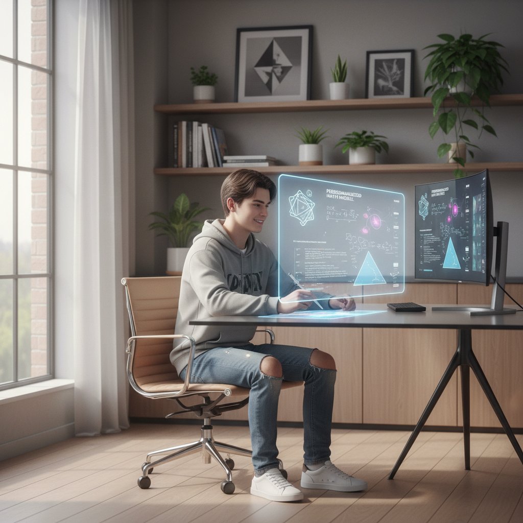 Licealista korzystający z platformy AI do personalizowanej nauki matematyki, nowoczesny pokój, monitor