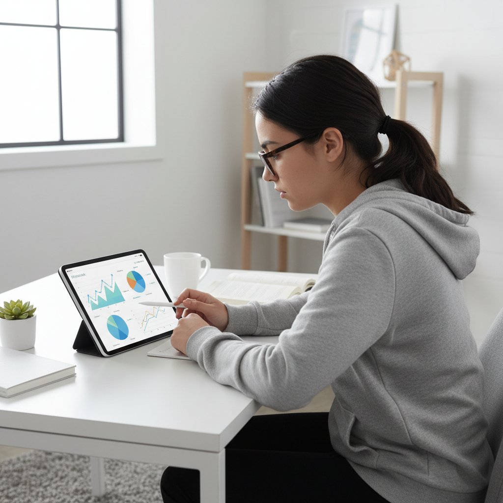Licealista analizujący swój progres na tablecie, wykresy, skupienie, minimalistyczny pokój