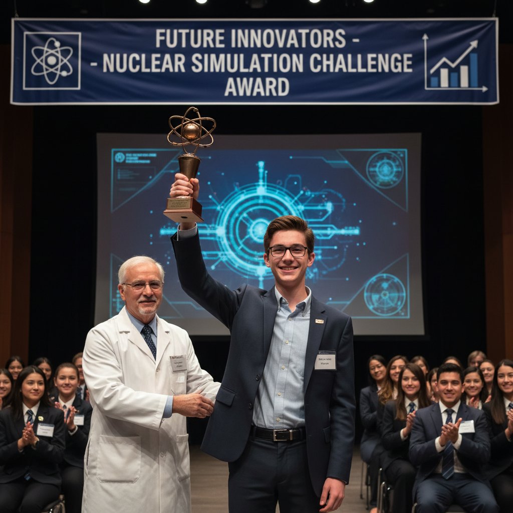 Licealistka odbiera nagrodę za symulację jądrową, gratulacje od naukowca, transparent konkursu w tle