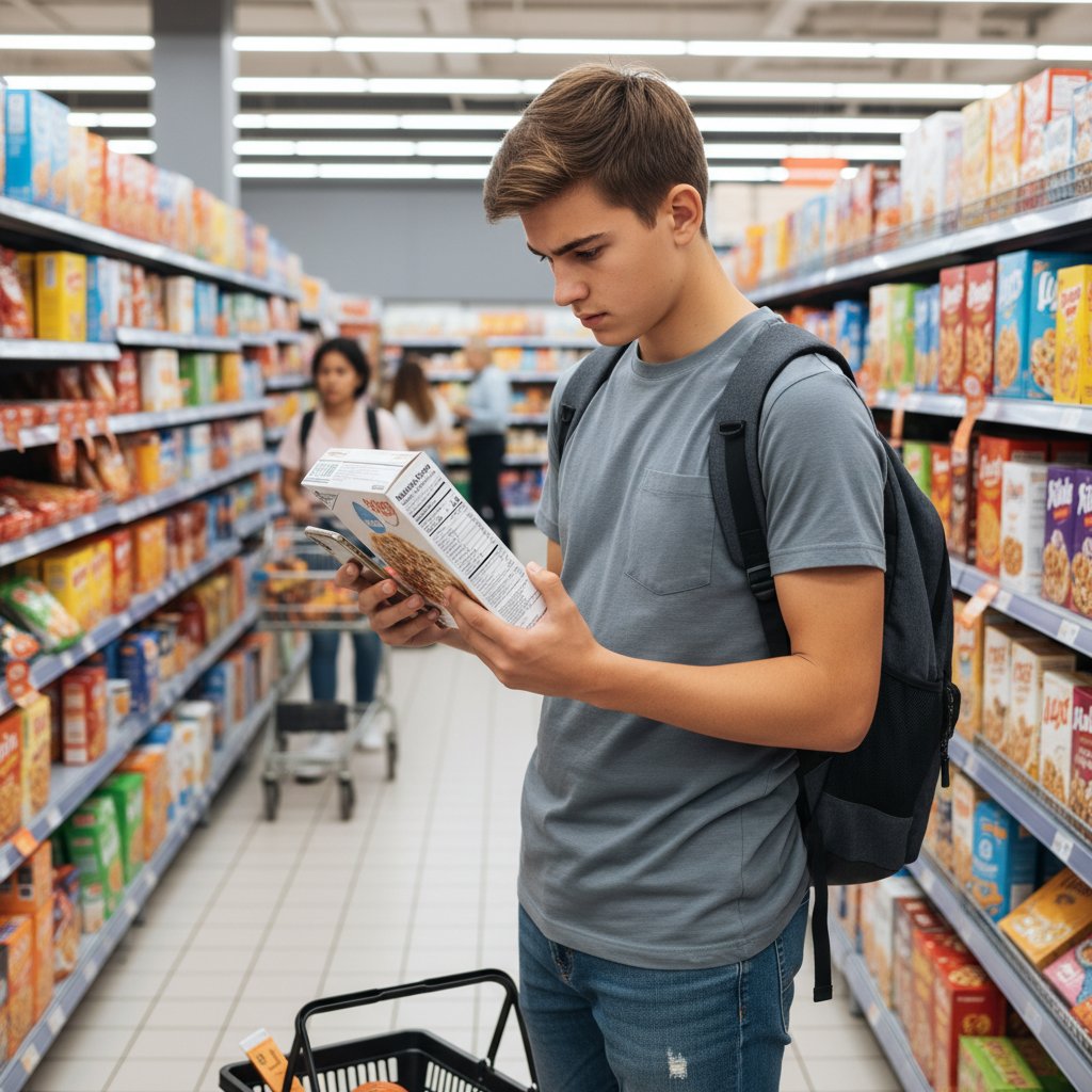 Licealista analizuje skład produktu spożywczego w sklepie, porównuje etykiety, wykorzystuje wiedzę chemiczną