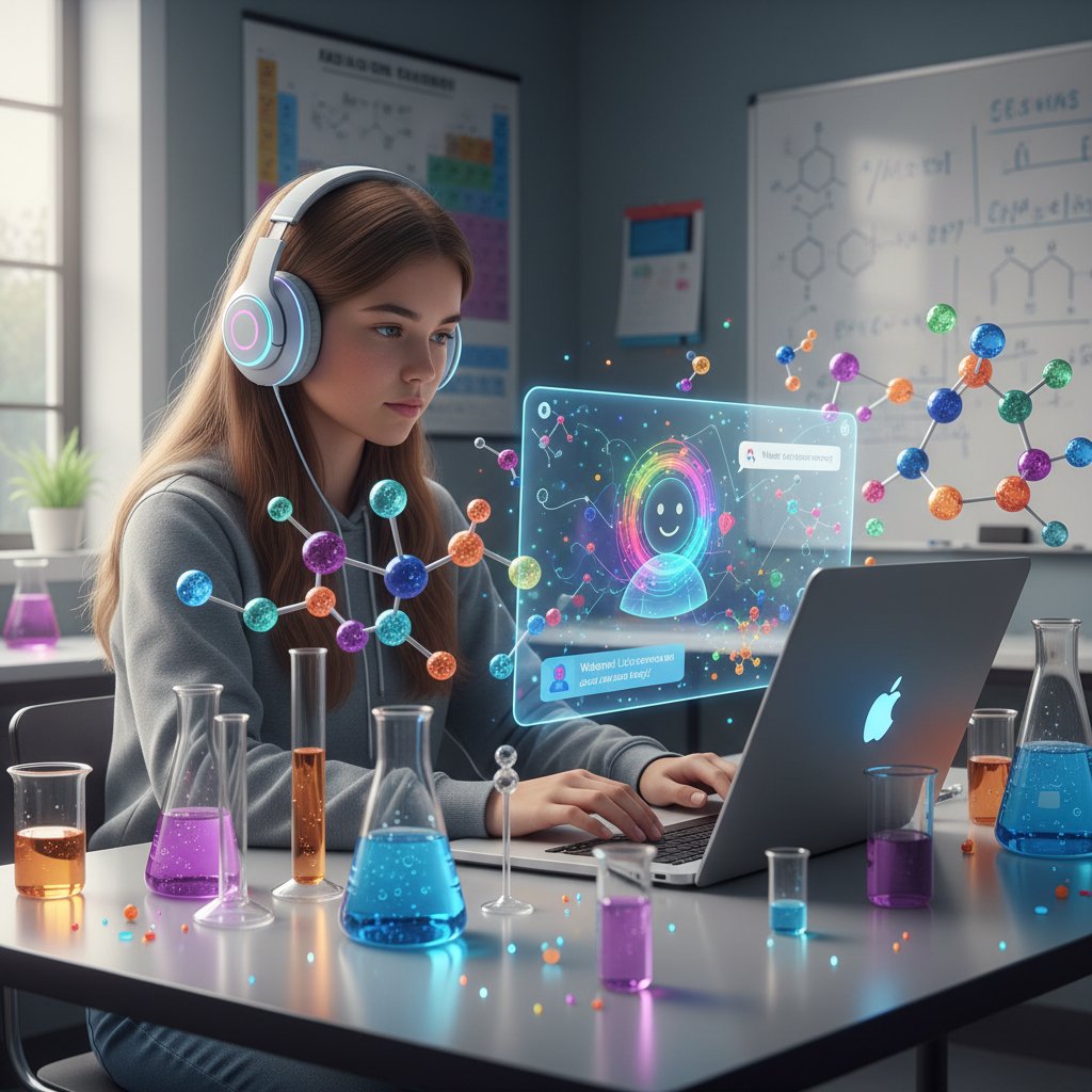 Uczeń liceum korzystający z laptopa do nauki chemii z wykorzystaniem AI, skupiony i otoczony notatkami