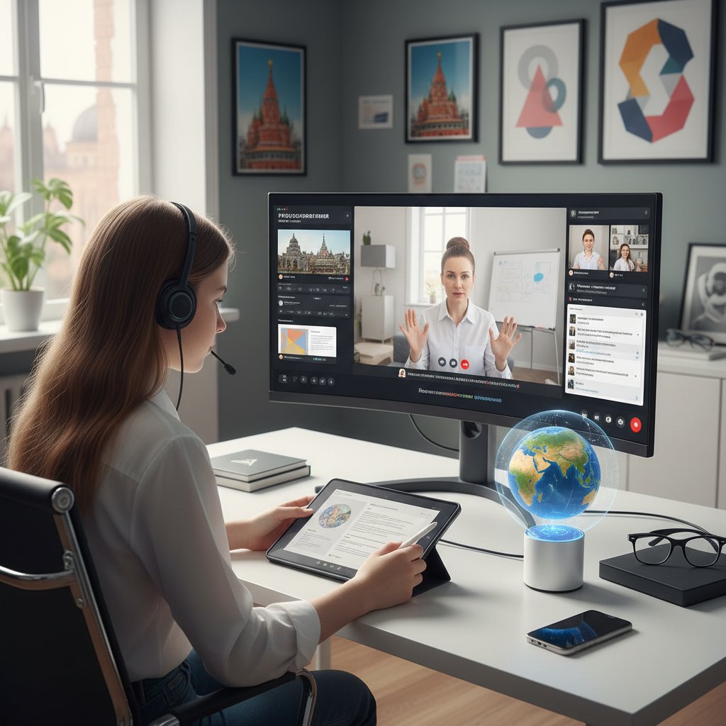 Licealista podczas lekcji rosyjskiego online, widoczne nowoczesne technologie, ekran z nauczycielem na żywo