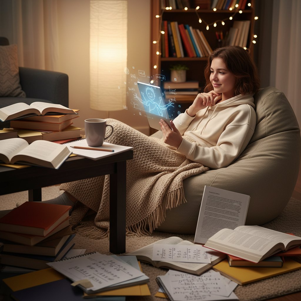Licealista pracujący z osobistym korepetytorem AI, komputer, notatki z matematyki, komfortowe otoczenie