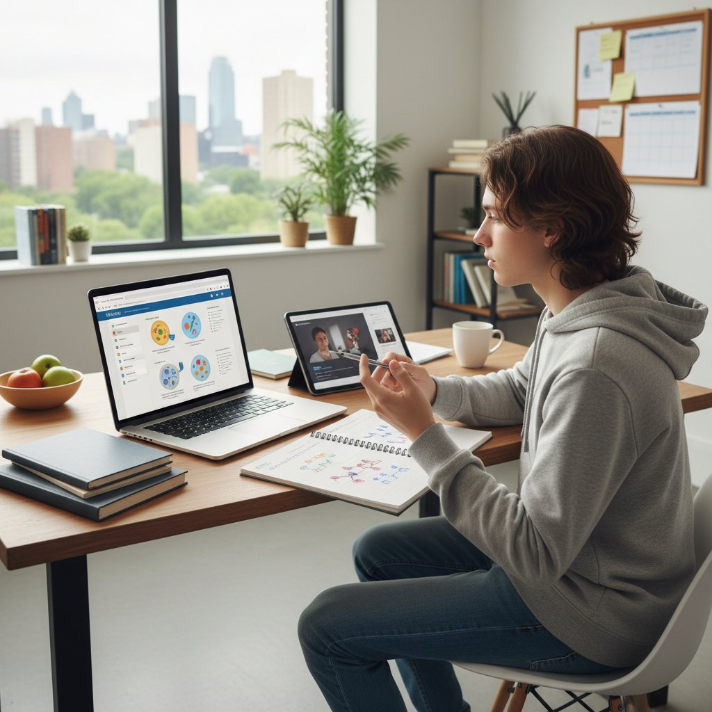 Licealista planujący naukę biologii online z notatnikiem i komputerem