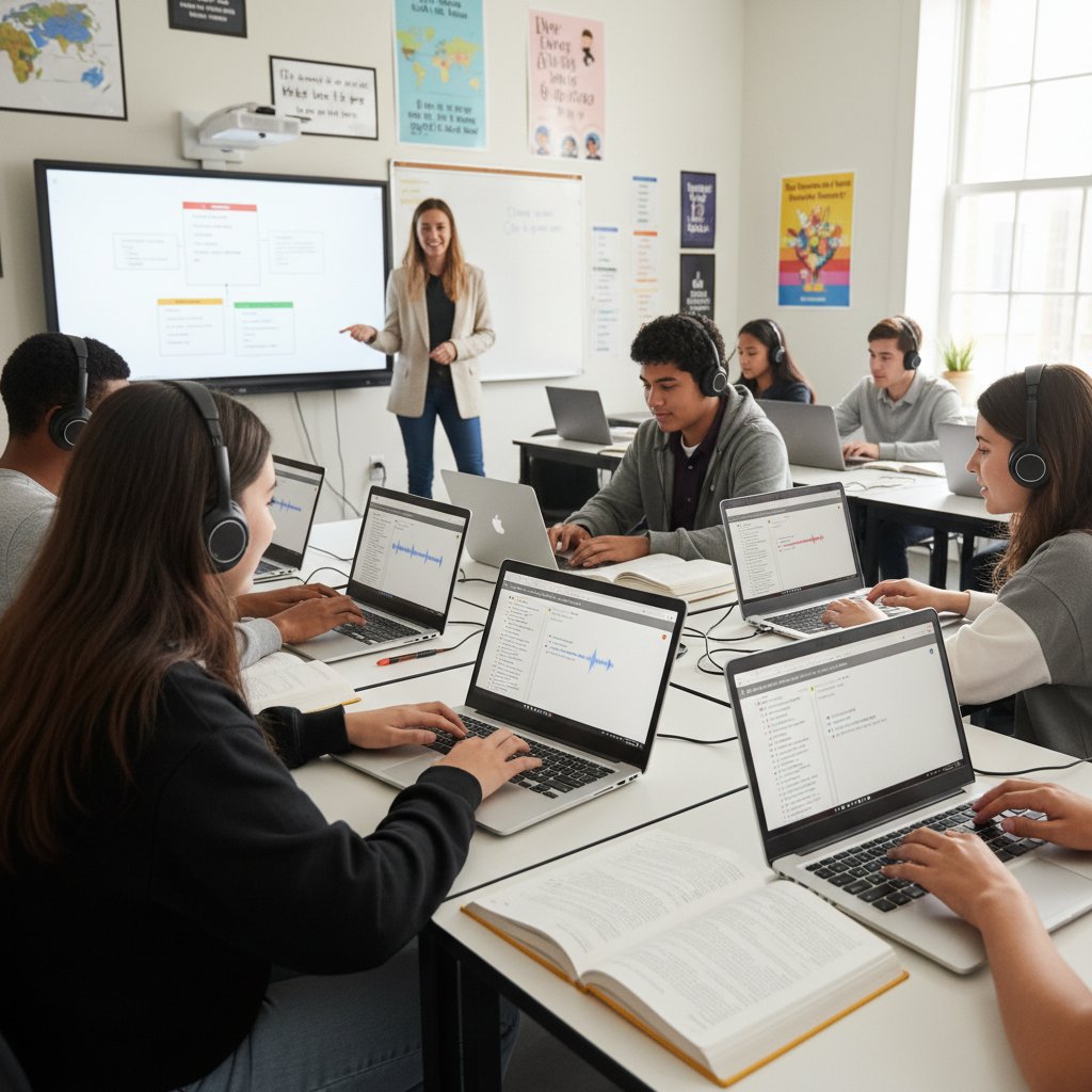 Uczniowie w klasie analizują transkrypcję podcastu edukacyjnego na laptopach