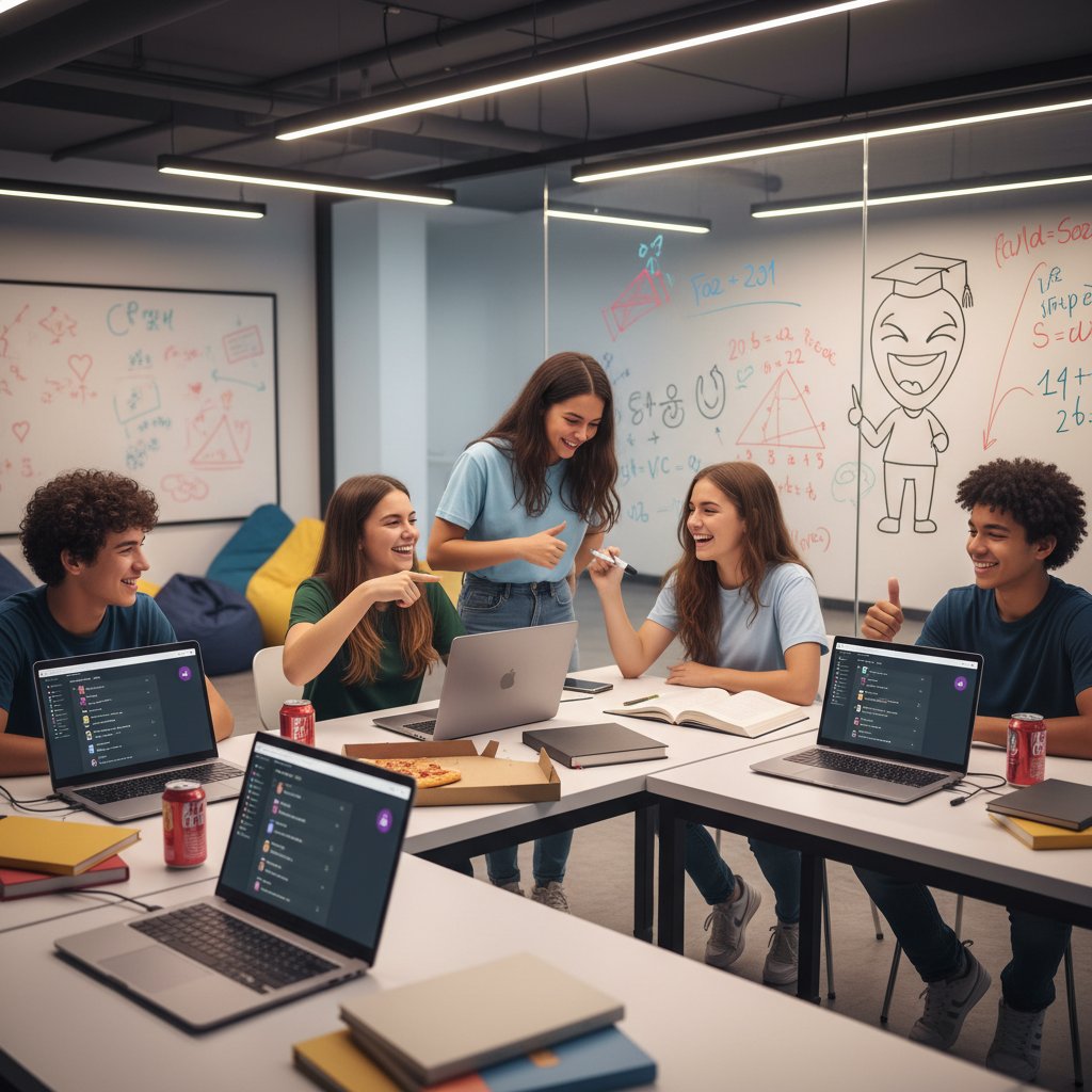 Grupa licealistów przy komputerach na Discordzie, wspólna nauka matematyki online, atmosfera współpracy i zabawy