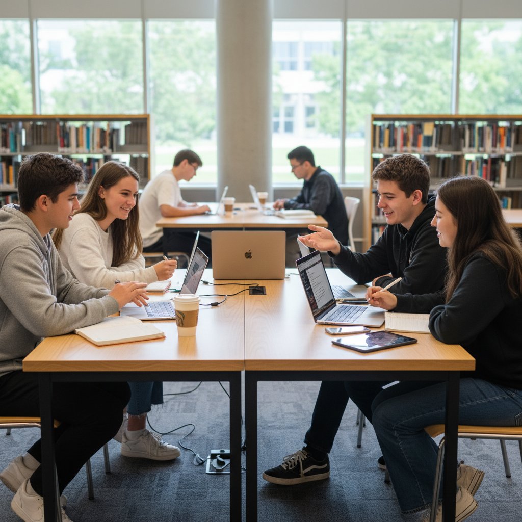 Grupa licealistów rozmawia podczas nauki, otwarte laptopy, wspólna praca nad problemem