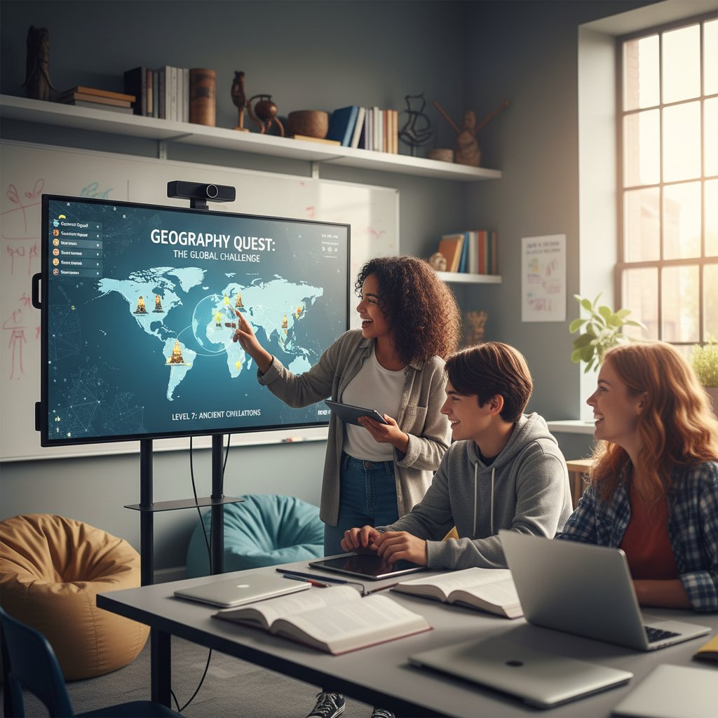 Grupa uczniów technikum gra online w edukacyjną grę geograficzną, dynamiczna atmosfera