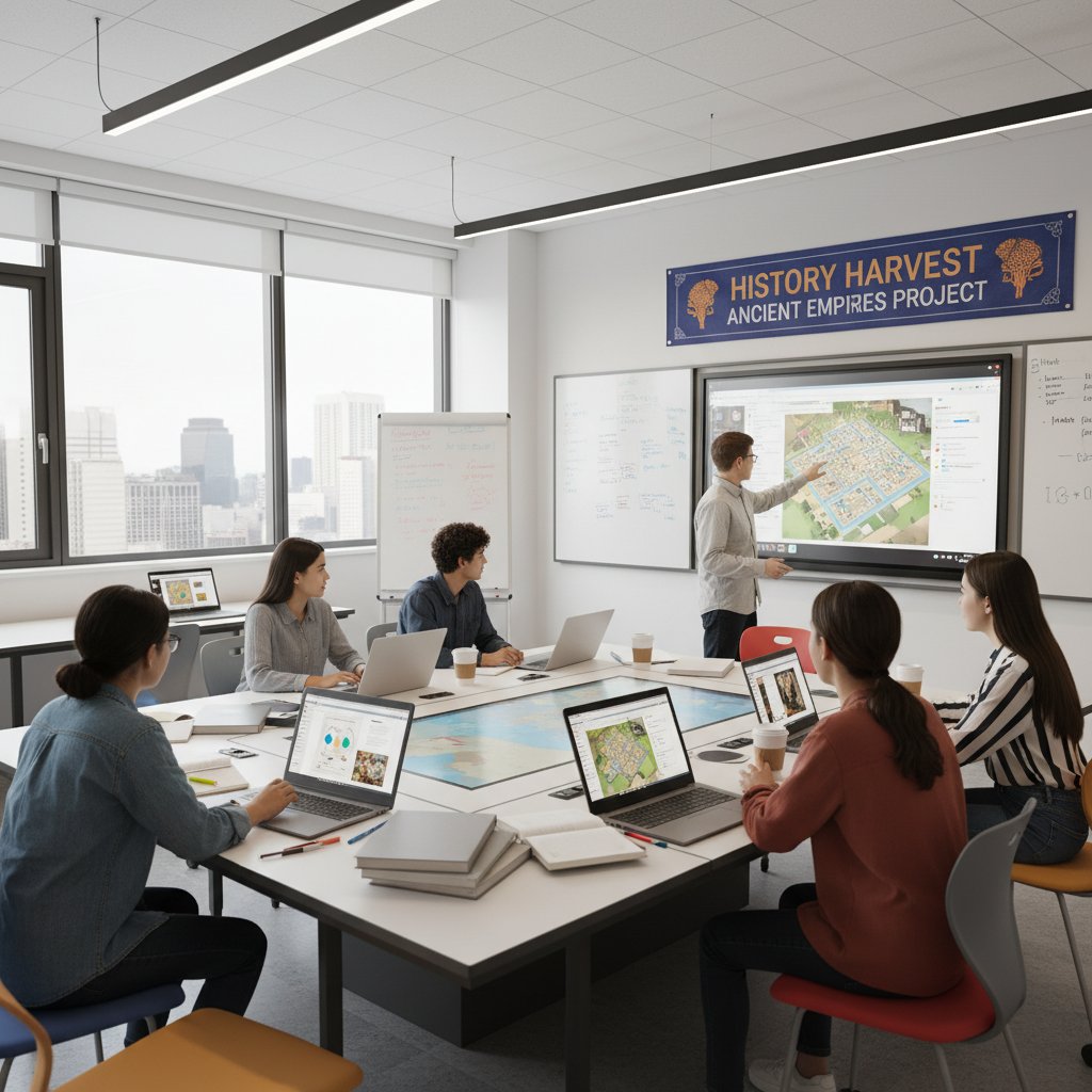 Grupa licealistów pracuje nad projektem historycznym online na laptopach, atmosfera współpracy i nowoczesności