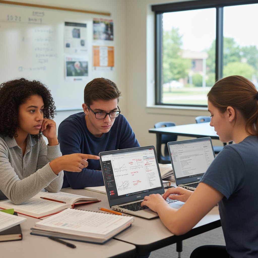 Uczniowie liceum przy komputerach, widoczny ekran z informacją zwrotną z matematyki