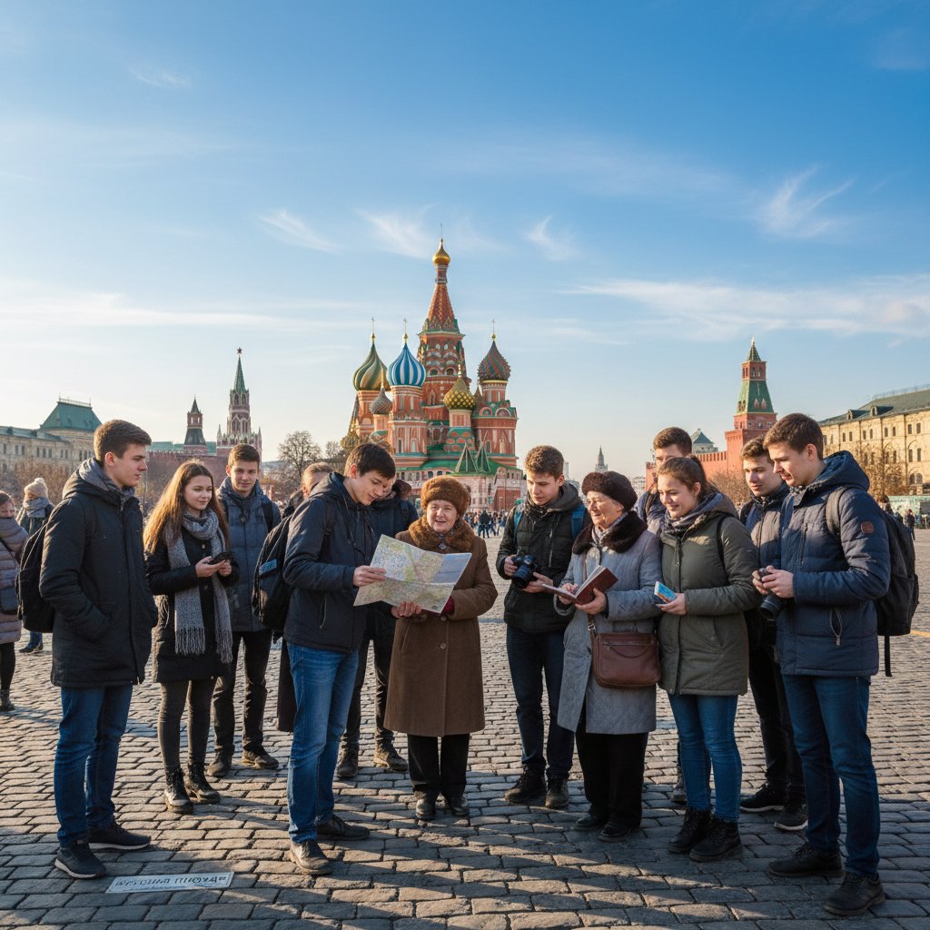 Grupa licealistów podczas podróży do Moskwy, widoczne zabytki i rozmowy z lokalnymi mieszkańcami