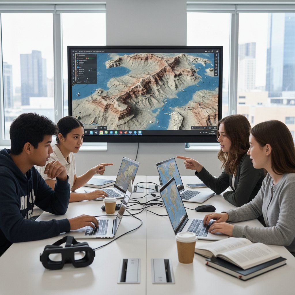 Uczniowie technikum podczas wirtualnej wycieczki terenowej, oglądający mapy satelitarne na laptopach