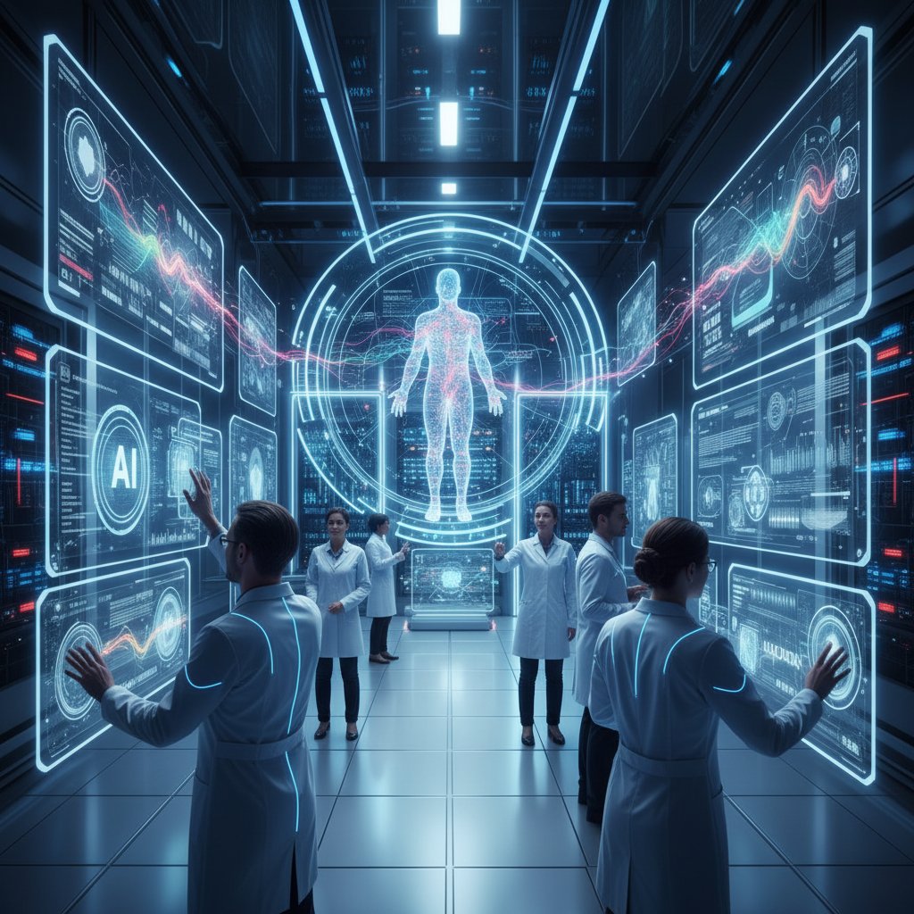 Zaawansowany krajobraz cyfrowej służby zdrowia w Polsce, z widocznymi motywami AI i strumieniami danych