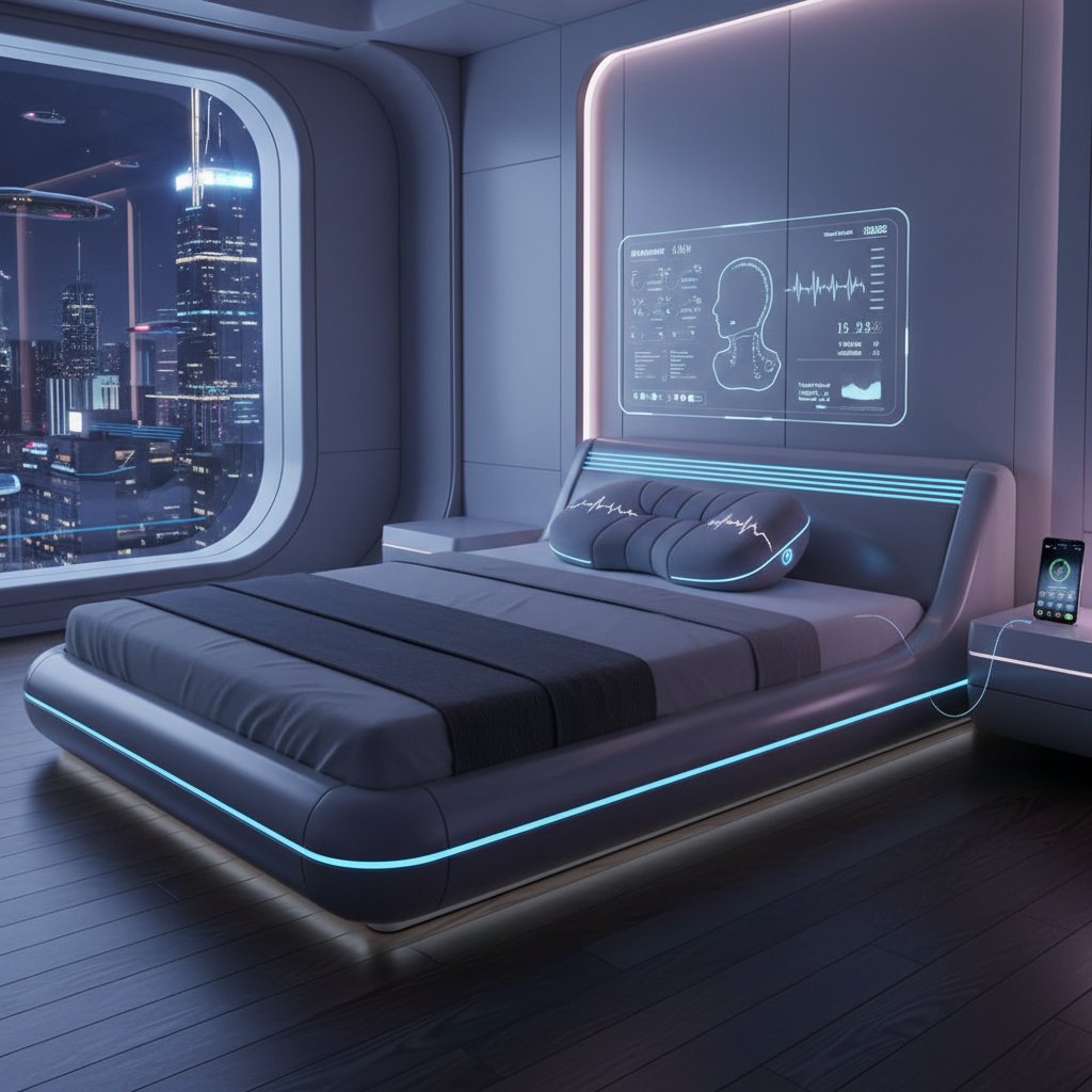 Nowoczesna sypialnia, poduszka z technologią AI, smartphone na stoliku nocnym