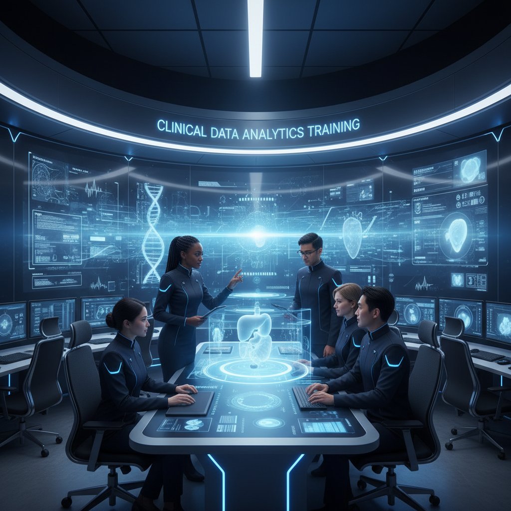 Clinicians and data scientists in a high-tech simulation classroom, clinical data interpretation accuracy training