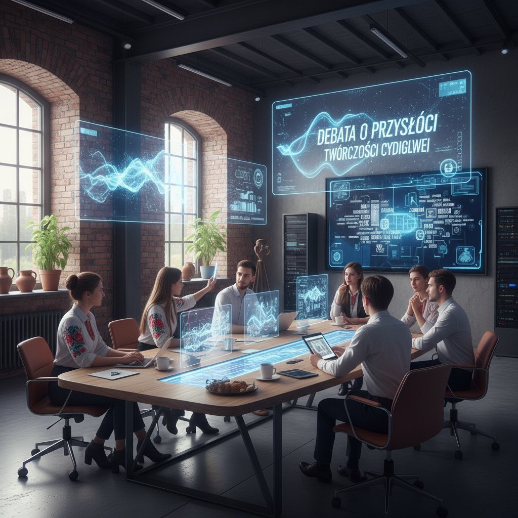 Przestrzeń kreatywna z AI i zespołem dyskutującym nad projektami, nowoczesny klimat, polski kontekst