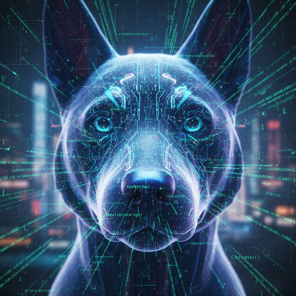 Sztuczny pies z cyfrowymi oczami i kodem, ilustrujący zaawansowaną AI