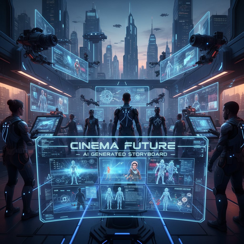 High-tech film set with a director, actors, and an AI-generated storyboard on screen