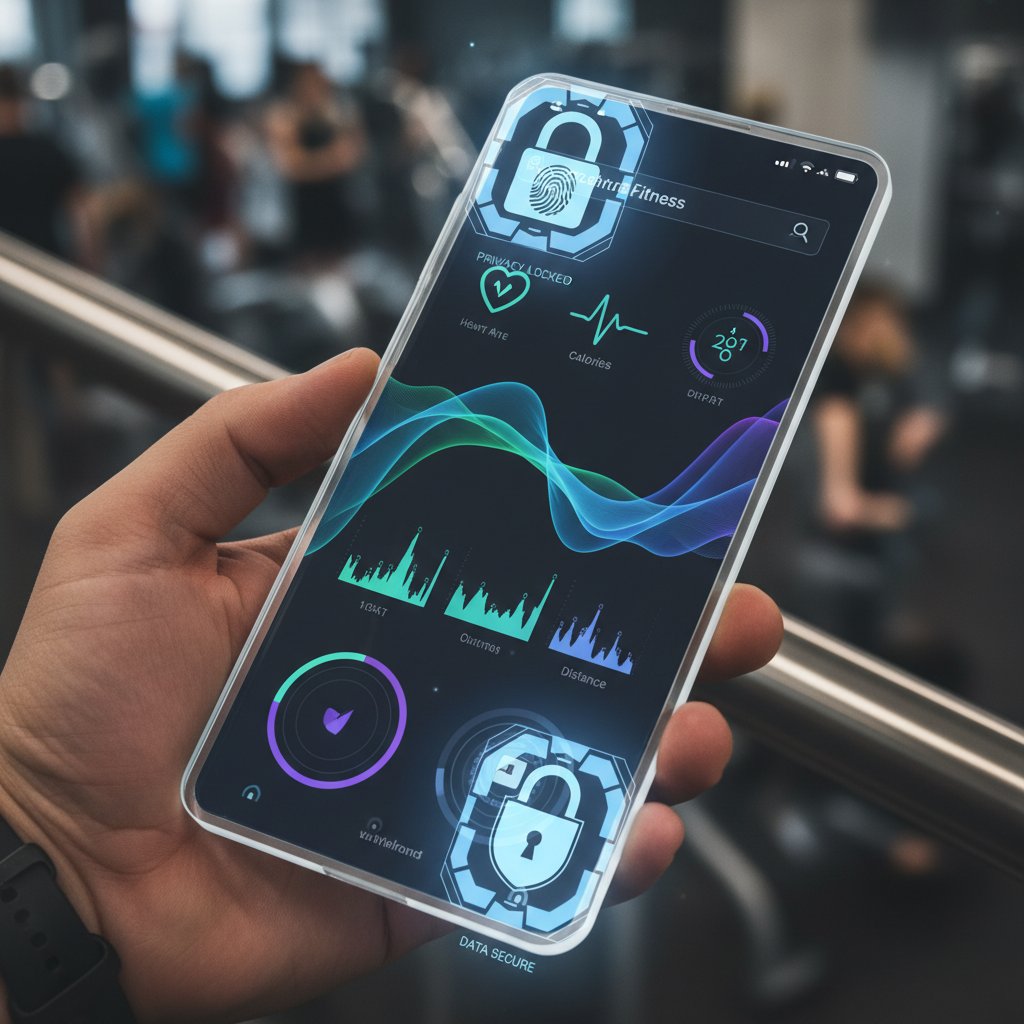 Nowoczesny interfejs aplikacji fitness z ikonami kłódek, motyw prywatności