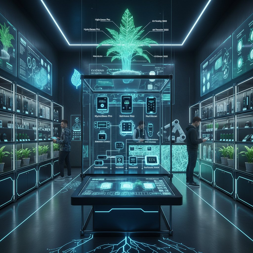 Wysokotechnologiczny sklep ogrodniczy z ekspozycją sensorów światła, nowoczesne wnętrze