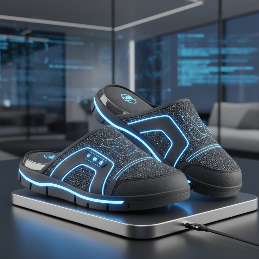 Nowoczesne kapcie z zaawansowanymi technologiami, widoczne elementy pianki i podeszwy